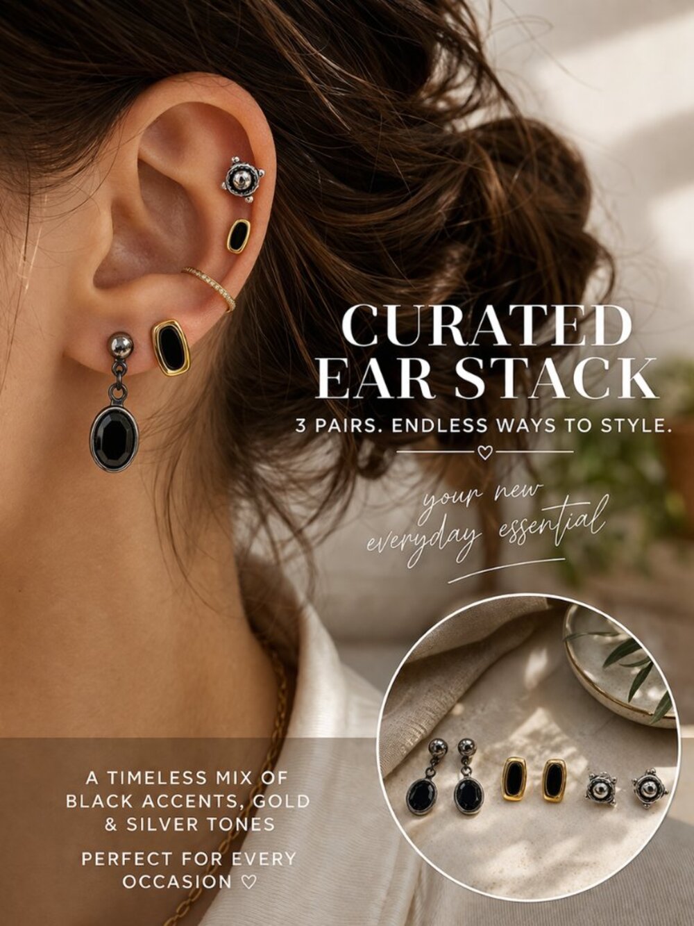 Bundled Set of 3 Pierced Gold Silver Black Stud Earrings